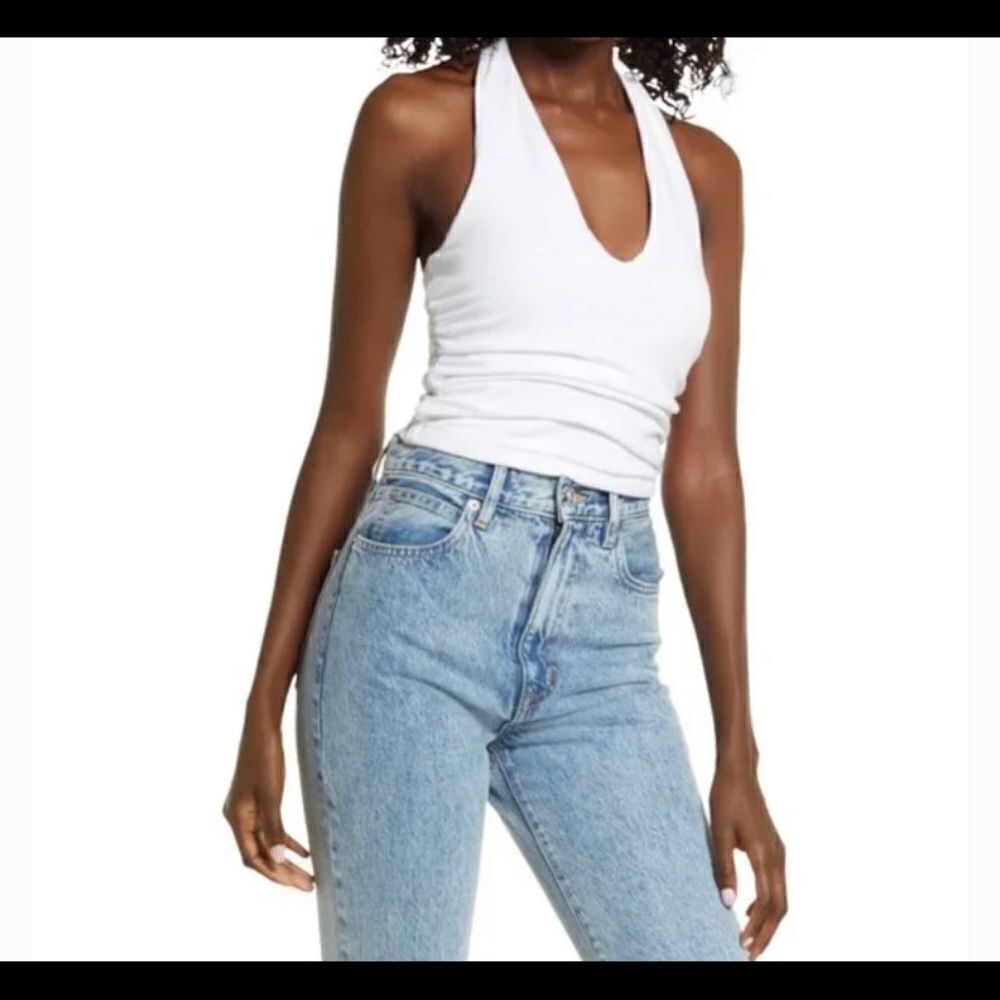 AFRM Ruched Ribbed Halter Top - White XL